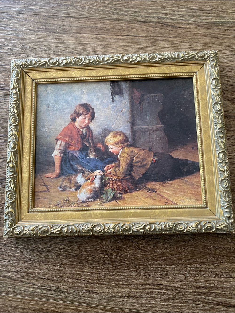 Vintage framed print on board of "Feeding the Rabbits" artist Felix Schlesinger